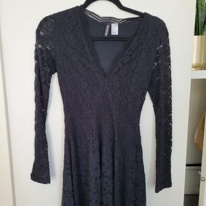 Long Sleeve Lace Black V Neck Dress